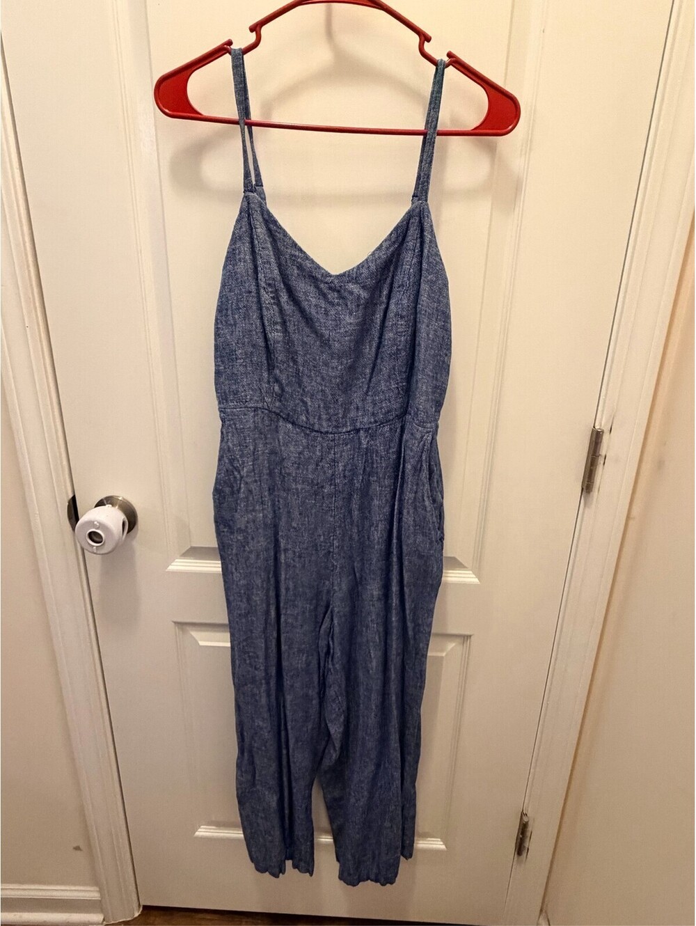 Old Navy Women Blue Linen Blend Cami Jumpsuit Wide Leg Smocked Pockets (0023)